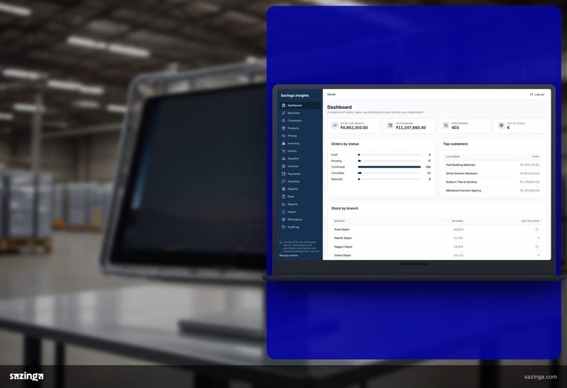A monitor on a desk in a warehouse showing the Sazinga Field portal dashboard that a manager uses to reach regional staff.