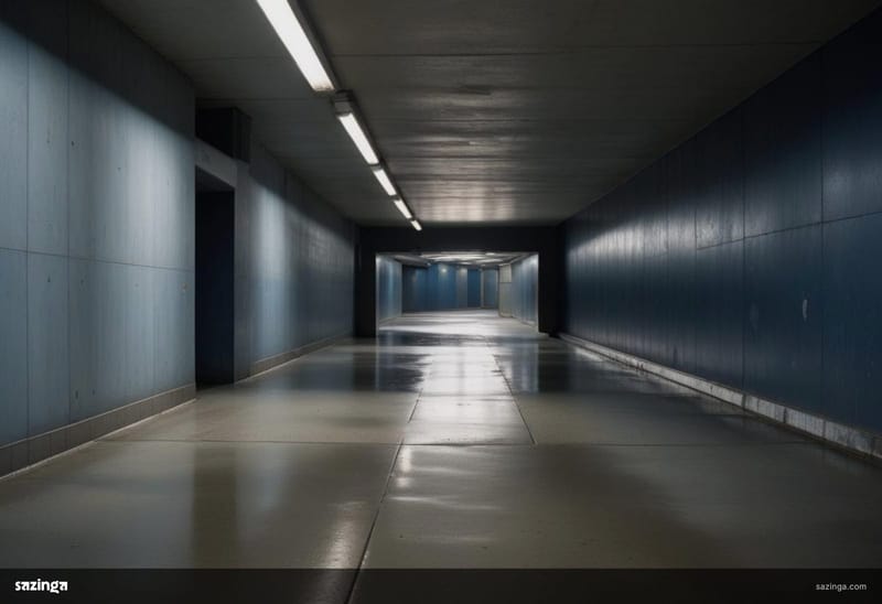 An empty concrete underpass with a wet floor and daylight at the far end.