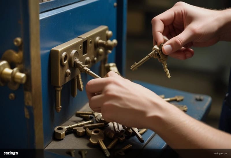 Hands cutting a copy of a brass key in a locksmith workshop with spare keys beside them.