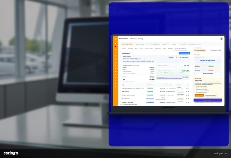 Hire-office staff reading a reservation settlement in Sazinga Rentals on a desktop monitor in the office.