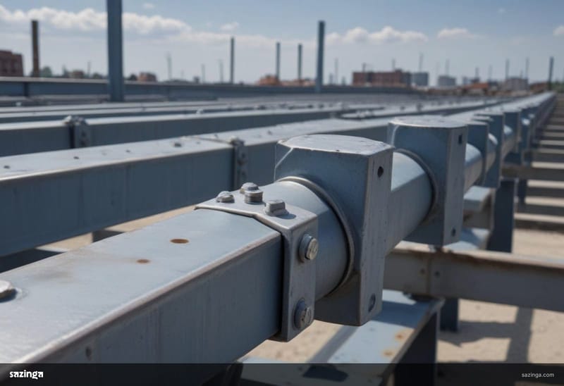 Two steel beams bolted together at a joint on a construction frame.