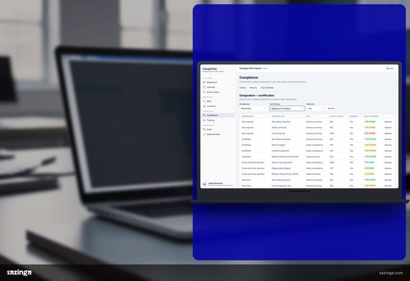 A laptop on a facilities office desk showing the requirements register in Sazinga Comply.