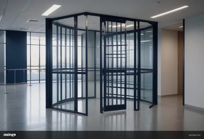A glass and steel turnstile gate standing in an empty office lobby.