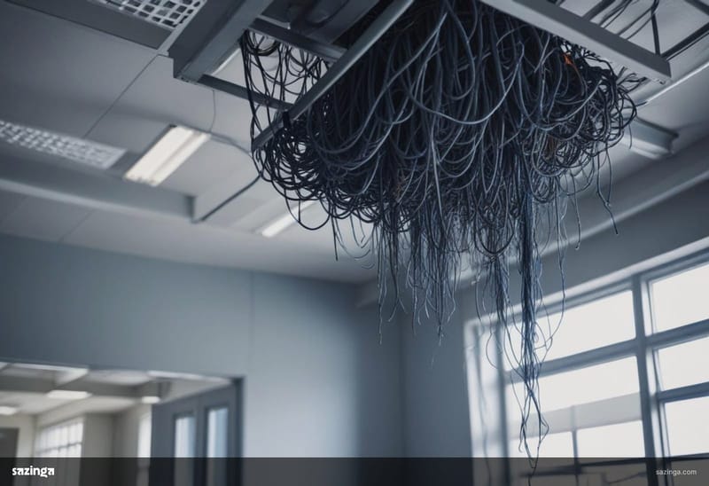 A tangle of loose cut cables hanging from an open ceiling panel in an empty office.