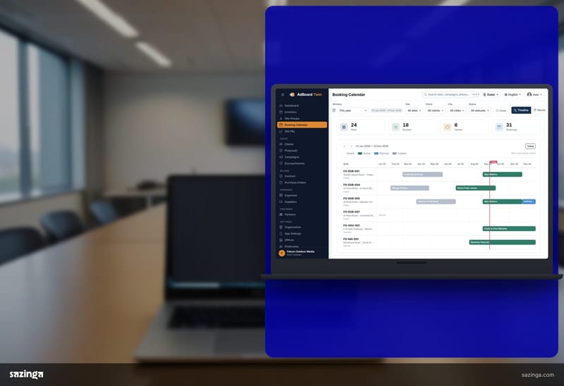 A laptop on a desk in an office; beside it the Sazinga AdBoard booking calendar with one row per board and bars for each booking.