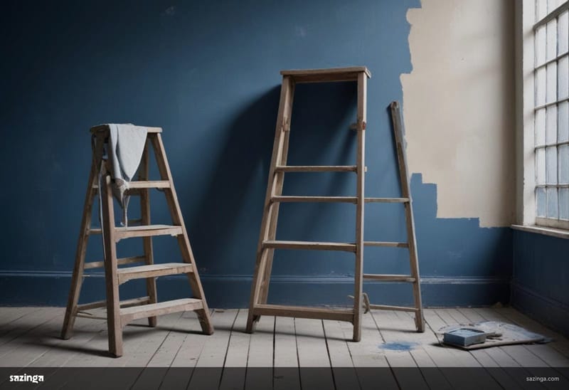 An interior wall painted halfway, new pale paint beside old blue, with stepladders in front.