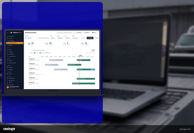A laptop on the back of a pickup at an industrial yard at dusk; beside it the Sazinga AdBoard booking calendar with active and planned bars and a vacant row.