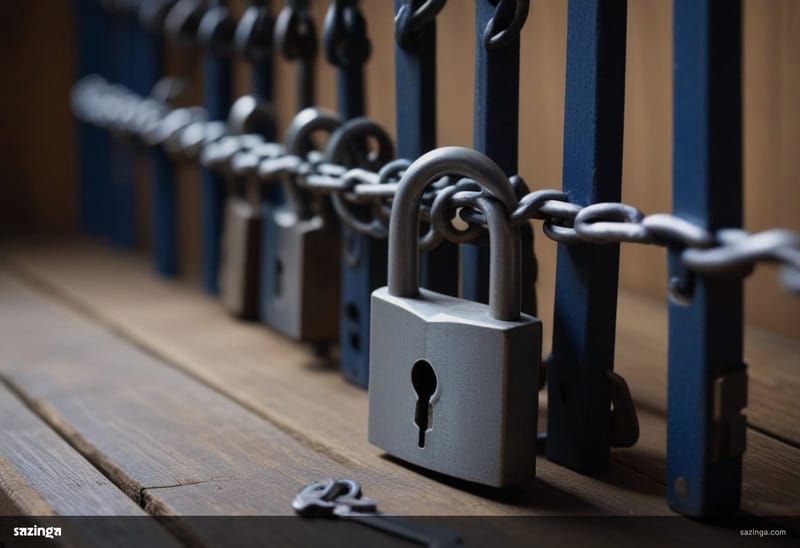 A single steel key resting on a workbench in front of a line of identical padlocks hanging from one chain.