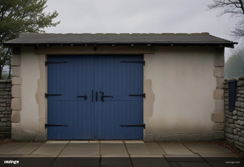 A row of identical wooden doors on a stone building under an overcast sky, nobody in sight.