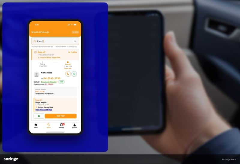 A phone in a hire car at a kerbside handover; beside it the Sazinga Rentals driver app booking card naming the drop-off driver.