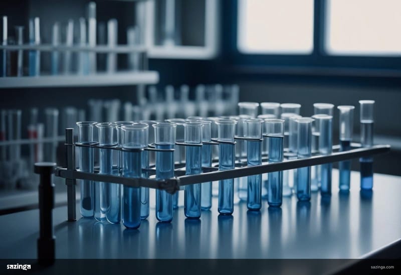 A rack of clear glass test tubes holding pale blue liquid on a laboratory bench.