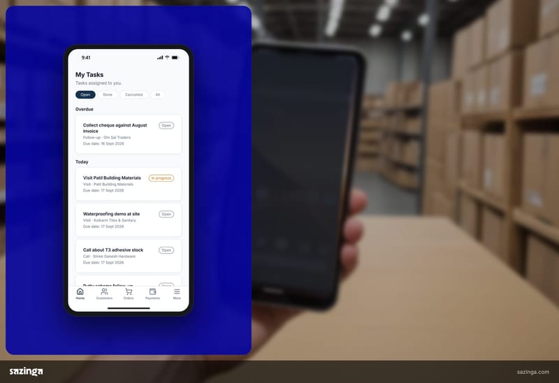 A rep in a warehouse checking the task list in Sazinga Field on a phone after an order was sent over a weak connection.