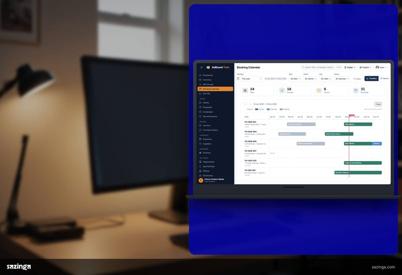 A monitor on a desk in a quiet home office; beside it the Sazinga AdBoard booking calendar with its bars drawn to a right-hand edge.