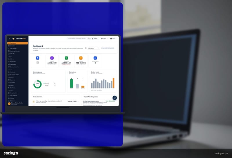 A manager at an office desk viewing the Sazinga AdBoard dashboard on a laptop.