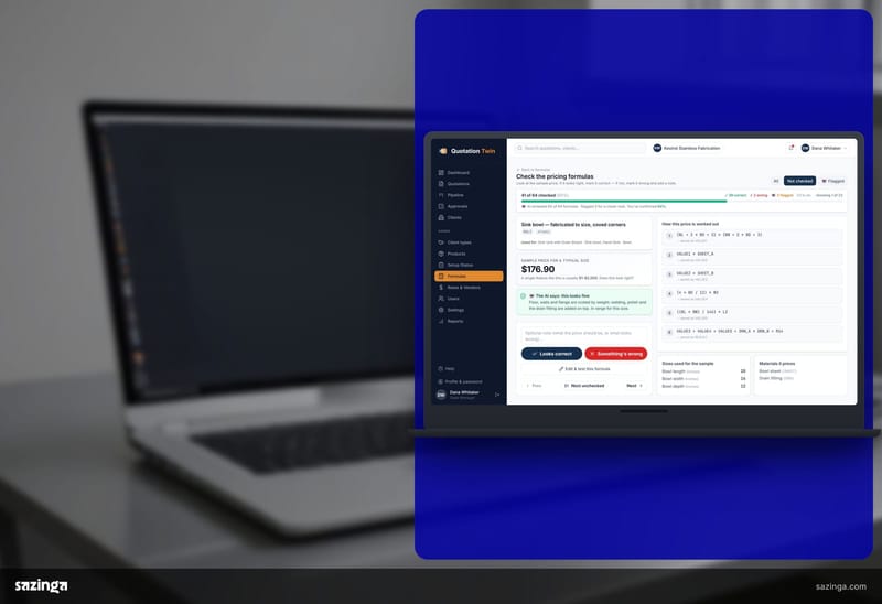 A laptop on a grey steel desk in an estimator's office; beside it the Sazinga Quote formula check listing each pricing formula as checked or not.