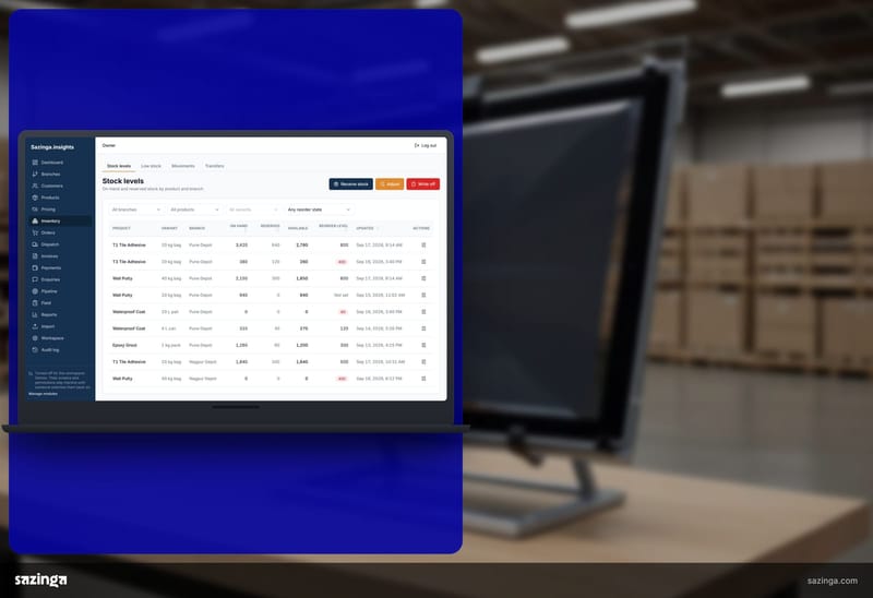 A monitor on a desk in a warehouse showing the stock levels screen in the Sazinga Field portal, where a product is listed at one depot and not another.