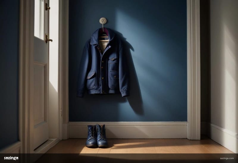 A child's jacket hanging on a hook above a pair of small boots in a hallway.