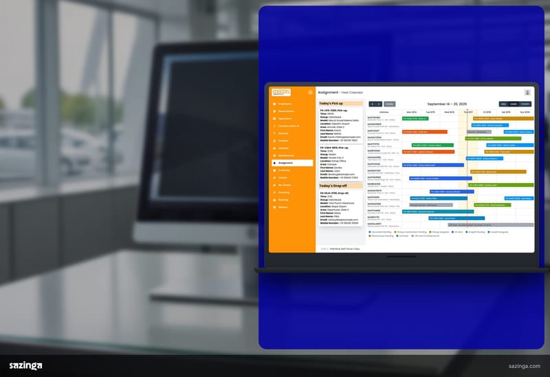 A screen on a counter in a hire office; beside it the Sazinga Rentals reservation settlement tab with deposit and deduction rows.