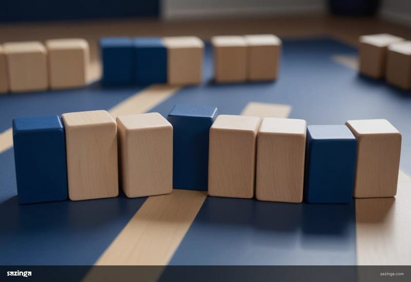 Seven plain wooden blocks in a row on a playroom table, with a few more set apart further along.
