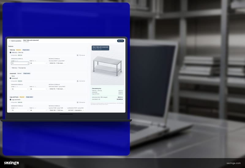 A laptop on a steel bench in front of racked stainless sheet; beside it the Sazinga Quote 3D designer with its sheet material slot and calculated price.