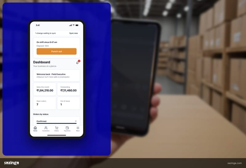 A phone held over a distributor's trade counter; beside it the Sazinga Field app home screen with its sync bar.