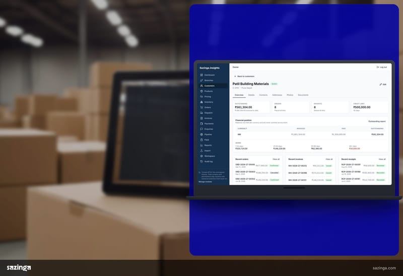 A tablet on a carton in a warehouse depot showing the customer outstanding screen in the Sazinga Field portal.