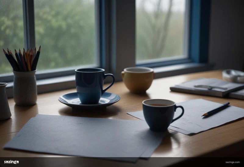A kitchen table by a rainy window with cups of tea, coloured pencils and blank drawing paper.