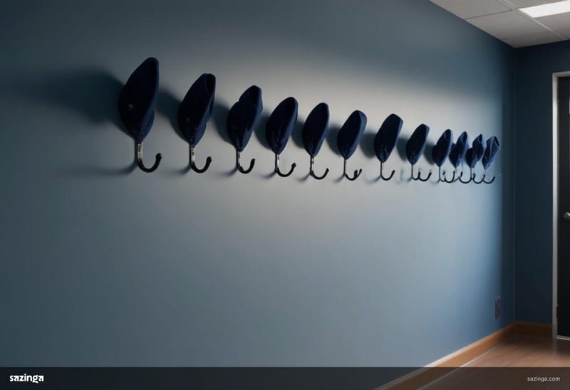 A row of coat hooks along a hallway wall with jackets on most of them and no people present.
