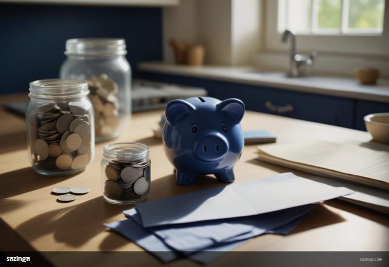 A ceramic piggy bank, jars of coins and a few folded blank notes on a kitchen counter.
