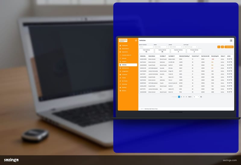 A hire-office desk with car keys beside a laptop showing the vehicles list in Sazinga Rentals.