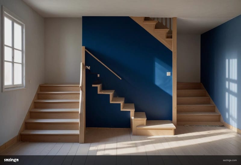 A finished timber staircase inside a bright unfinished house with bare plaster walls.