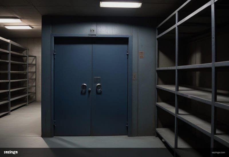 A dim basement vault room with a heavy steel door and bare, empty steel shelving.