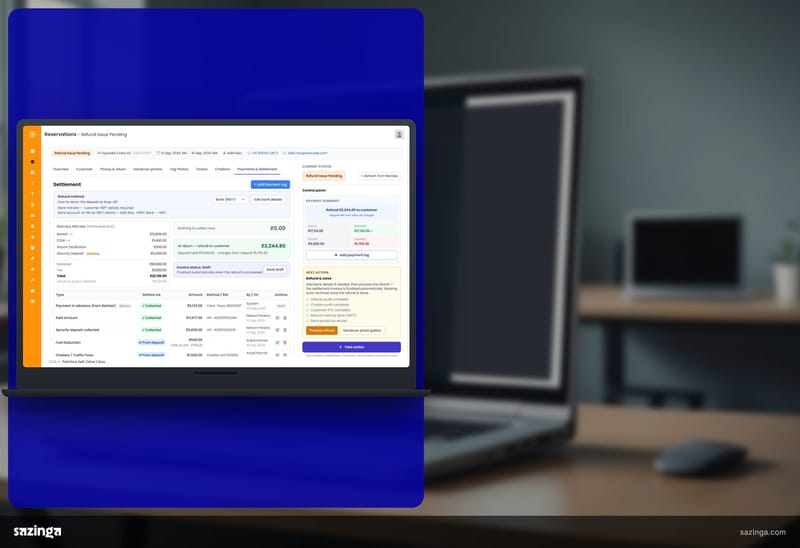 An operations desk with a laptop showing the operations board in Sazinga Rentals.