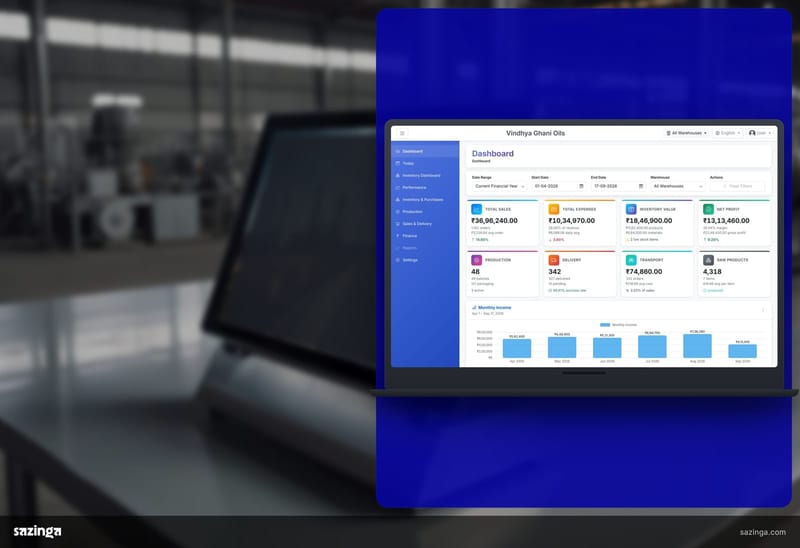 A screen on a desk; beside it the Sazinga Factory owner dashboard with its figures filtered by warehouse.