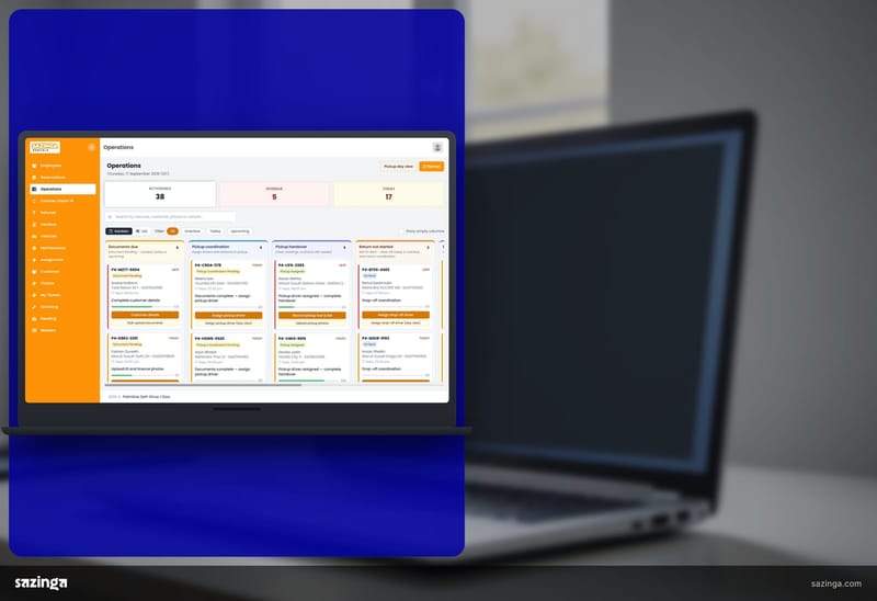 A laptop on an office desk in window light showing the operations board in Sazinga Rentals.