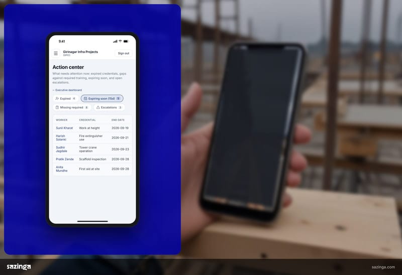 A phone on an infrastructure site; beside it the Sazinga Comply action centre with its expired and expiring soon tabs.