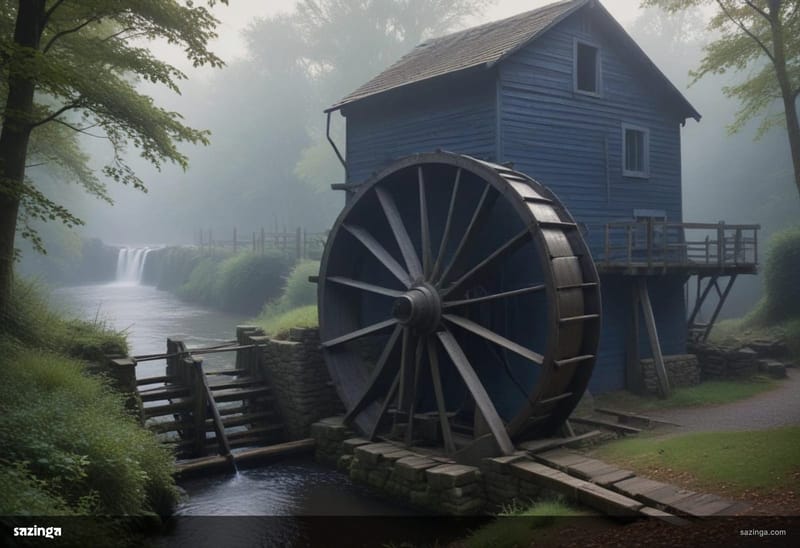 An old wooden water wheel beside a mill on a misty river, still turning.