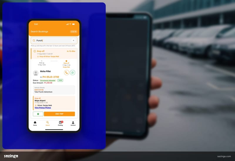 A driver in a car park checking a booking card in Sazinga Rentals on a phone.