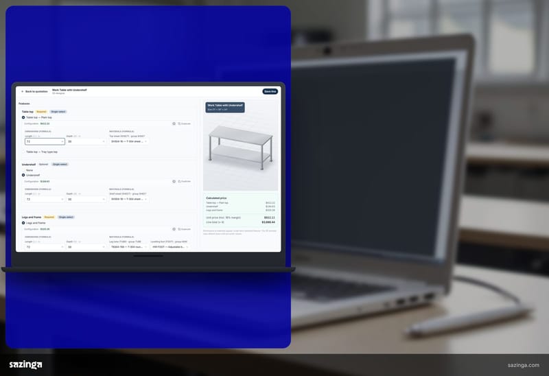 A hand holding a tablet beside a steel bench on a fabrication shop floor with the Sazinga Quote designer on screen.