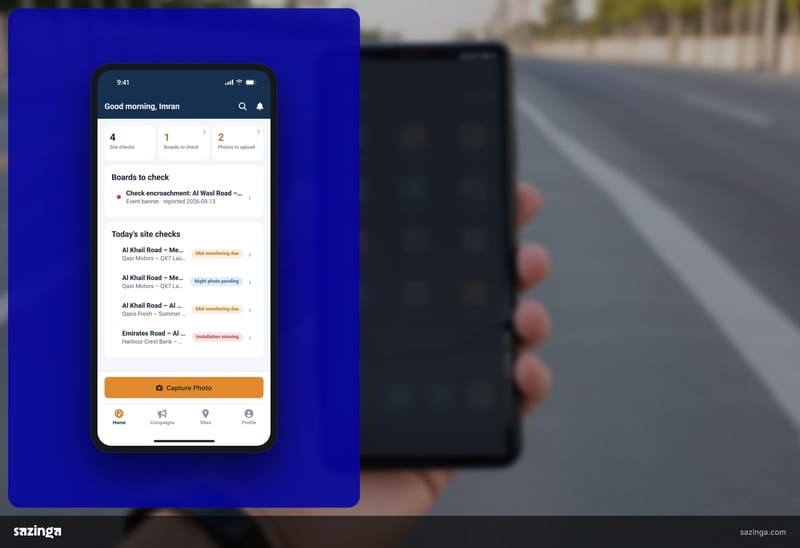 A field worker on a road holding a phone showing the short task list in the Sazinga AdBoard field app.