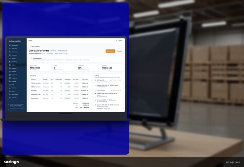 A screen on a packing bench in a dispatch bay; beside it the Sazinga Field order detail with ordered, dispatched and remaining quantities.