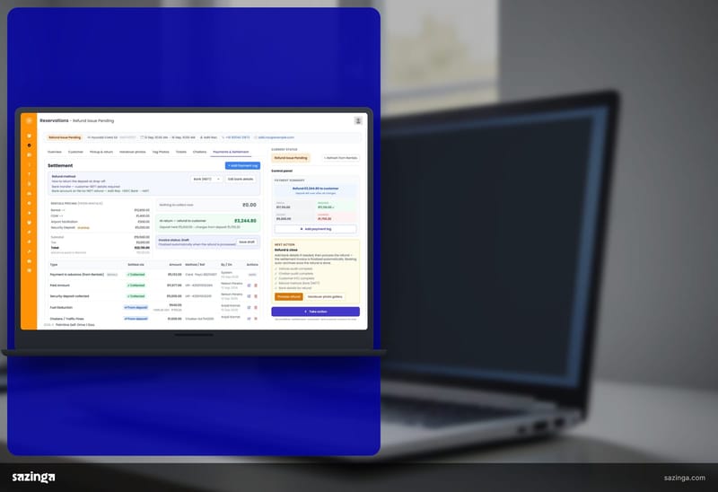 A laptop on an office desk showing a reservation settlement with the deposit in Sazinga Rentals.