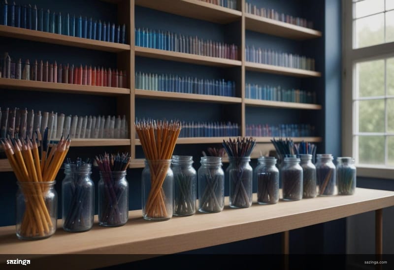 Coloured pencils standing in glass jars on a shop counter in front of shelves of more pencils.