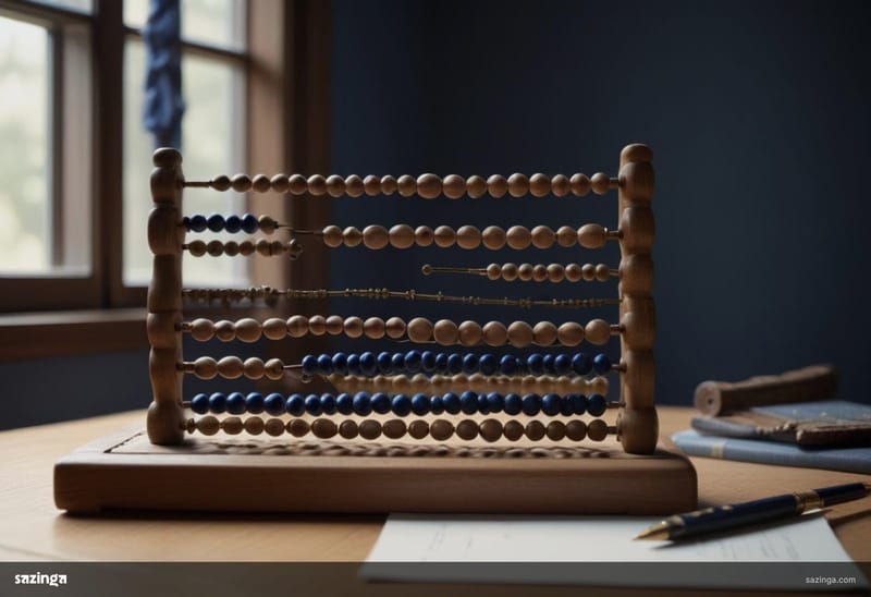 A wooden abacus on an oak desk beside a pen and a blank sheet of paper in window light.