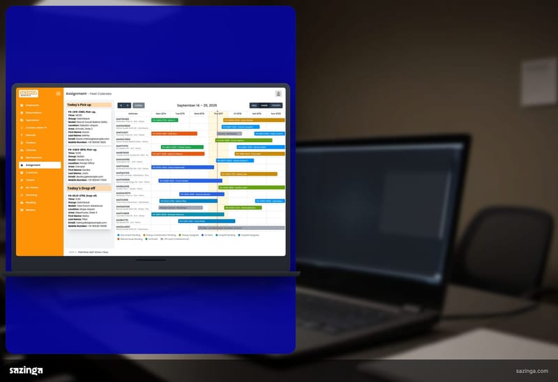 A laptop on an operations desk showing vehicle availability by date in Sazinga Rentals.