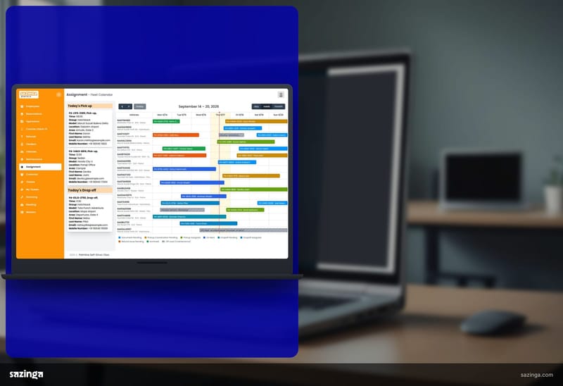 A laptop at a hire-office desk showing the availability calendar in Sazinga Rentals.