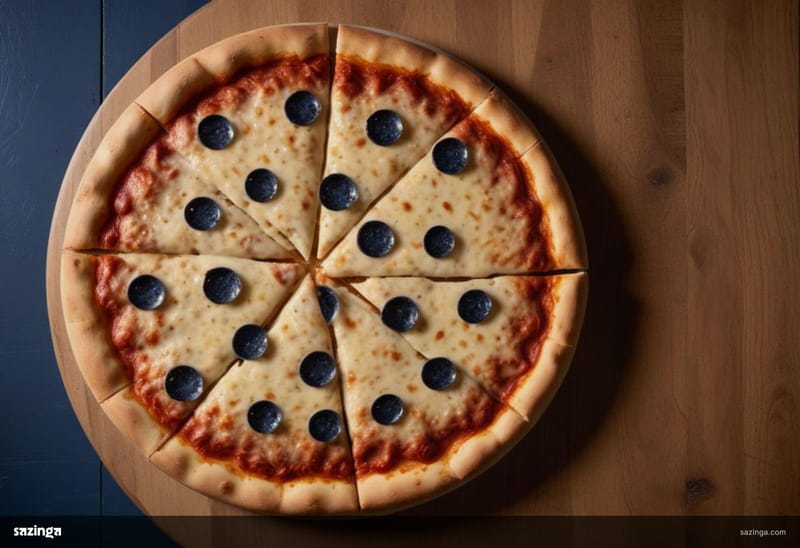 A whole uncut cheese pizza on a wooden board seen from above.