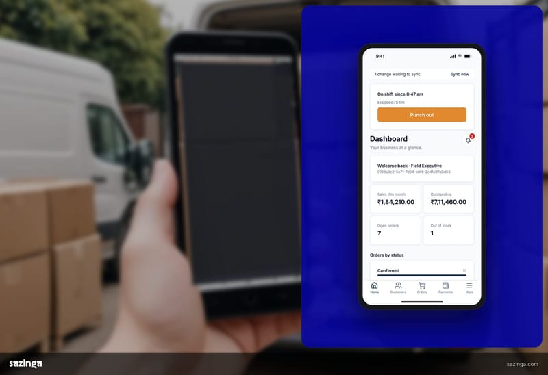 A dealer next to a loaded van opening the home screen of Sazinga Field on a phone to browse products.