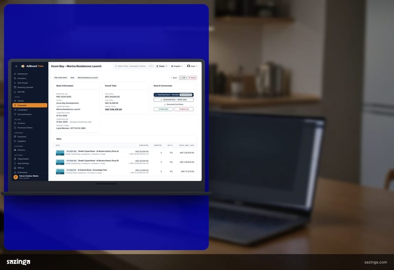 A laptop on a desk in an outdoor media office; beside it the Sazinga AdBoard proposal screen with priced sites, a rate per site and deck export buttons.
