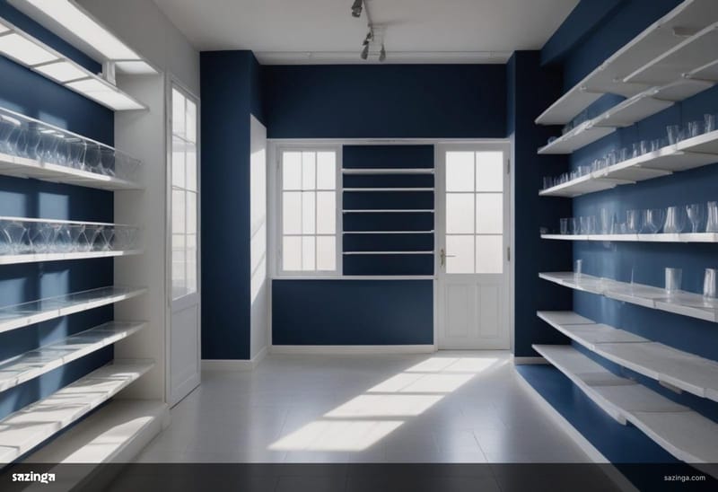 A freshly renovated empty shop with bare white shelves and an open glass door and nobody inside.
